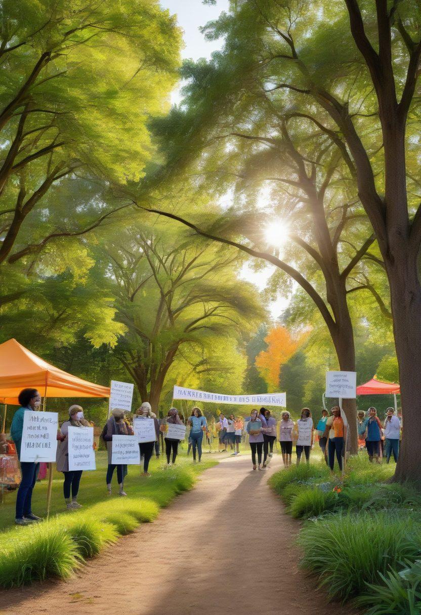 A diverse group of people of various ages and backgrounds, gathered in a serene park setting, engaging in supportive conversations. Lush greenery surrounds them while some hold signs advocating for mental health awareness. Soft sunlight filters through the trees, creating a warm and inviting atmosphere. In the background, a banner reads 'Empowerment Through Community'. super-realistic. vibrant colors. peaceful ambiance.
