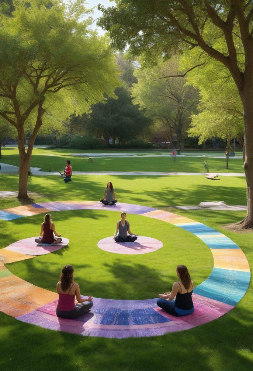 An inspiring scene featuring a diverse group of individuals engaging in various activities that promote emotional wellbeing such as meditation, yoga, and group discussions. The background should be a serene park with trees and flowers, highlighting tranquility and connection. Incorporate uplifting quotes subtly in the background to enhance empowerment themes. Use warm, inviting colors to evoke a sense of community and support. vibrant colors. super-realistic.
