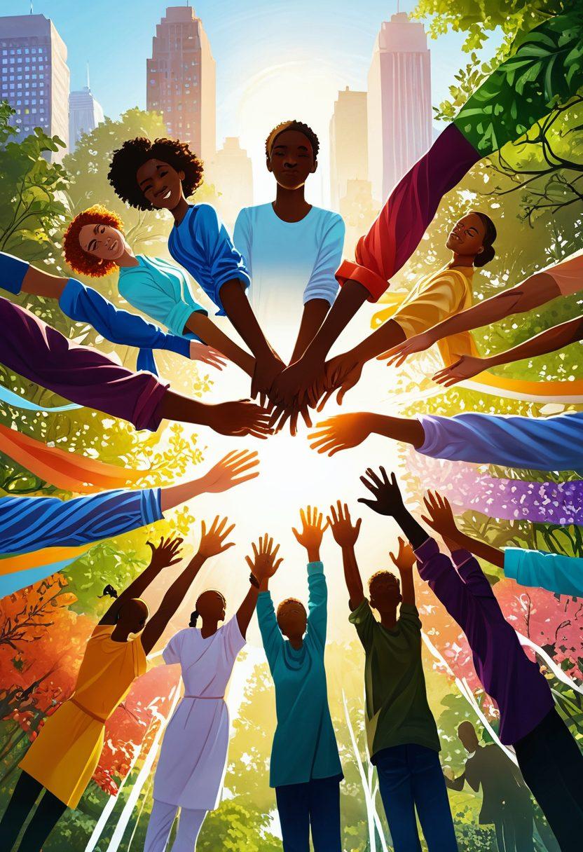 A diverse group of individuals holding hands in a circle, surrounded by vibrant multicolored ribbons symbolizing mental health awareness. The background features a city skyline and lush greenery, representing community and support. Bright sun rays are shining down, evoking a sense of hope and unity. Include motivational words like 'Hope', 'Support', and 'Community' in soft, flowing fonts on a banner. super-realistic. vibrant colors. community-focused.